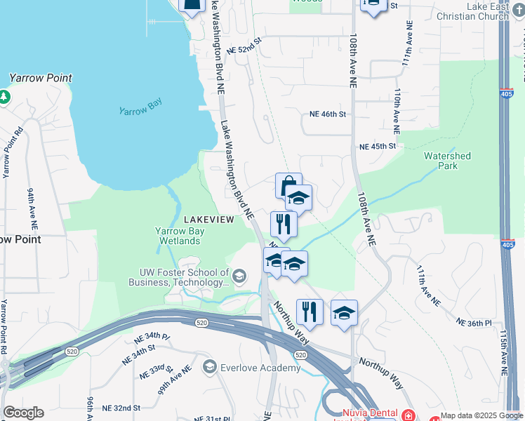 map of restaurants, bars, coffee shops, grocery stores, and more near 4020 Lake Washington Boulevard Northeast in Kirkland