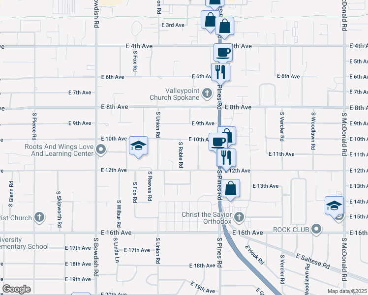 map of restaurants, bars, coffee shops, grocery stores, and more near 1009 South Robie Road in Spokane Valley