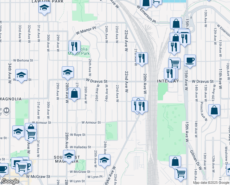 map of restaurants, bars, coffee shops, grocery stores, and more near 3029 23rd Avenue West in Seattle