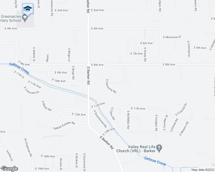 map of restaurants, bars, coffee shops, grocery stores, and more near 1017 South Harmony Road in Spokane Valley