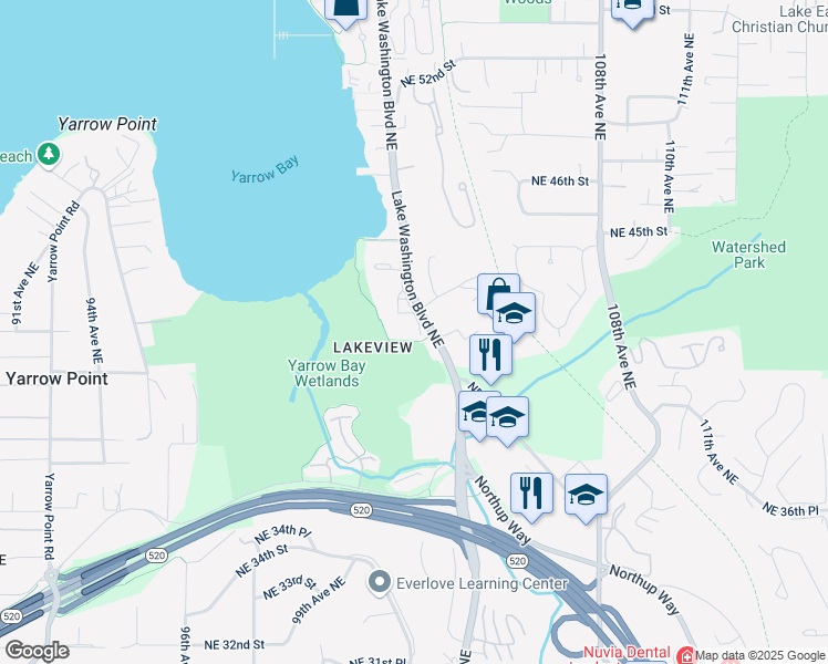 map of restaurants, bars, coffee shops, grocery stores, and more near 4301 Lake Washington Boulevard Northeast in Kirkland