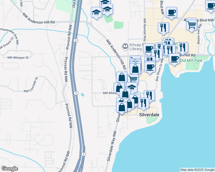 map of restaurants, bars, coffee shops, grocery stores, and more near 9272 Conroy Place Northwest in Silverdale