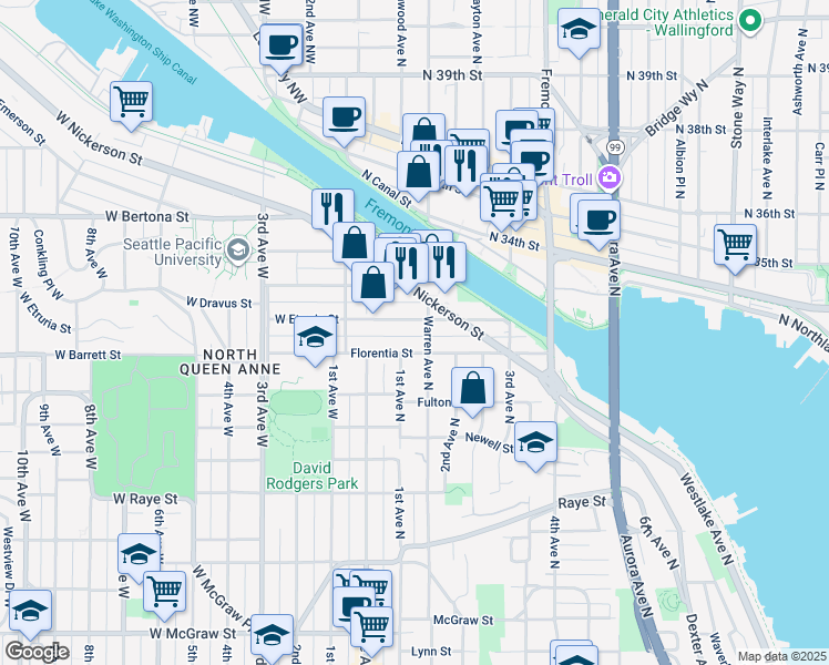 map of restaurants, bars, coffee shops, grocery stores, and more near 63 Etruria Street in Seattle