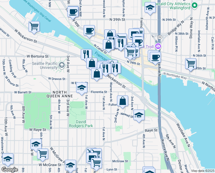 map of restaurants, bars, coffee shops, grocery stores, and more near 63 Etruria Street in Seattle