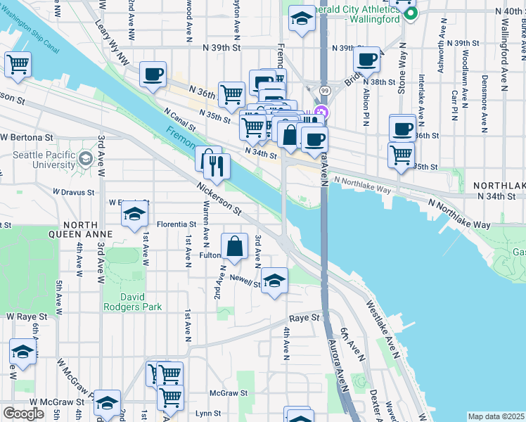 map of restaurants, bars, coffee shops, grocery stores, and more near 3014 3rd Avenue North in Seattle