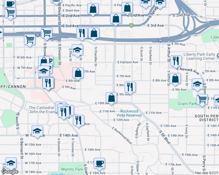 map of restaurants, bars, coffee shops, grocery stores, and more near 414 East 8th Avenue in Spokane