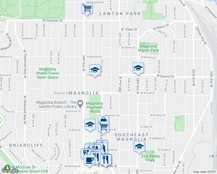 map of restaurants, bars, coffee shops, grocery stores, and more near 3019 31st Avenue West in Seattle