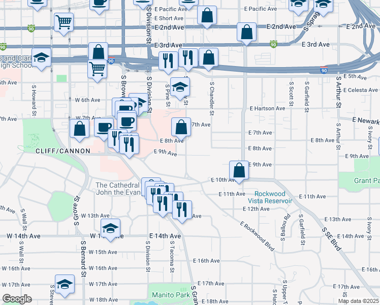 map of restaurants, bars, coffee shops, grocery stores, and more near 205 East 9th Avenue in Spokane