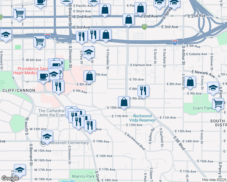 map of restaurants, bars, coffee shops, grocery stores, and more near 374 East 8th Avenue in Spokane