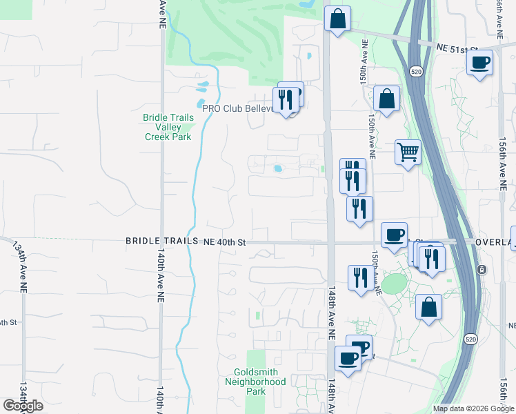 map of restaurants, bars, coffee shops, grocery stores, and more near 4123 145th Avenue Northeast in Bellevue