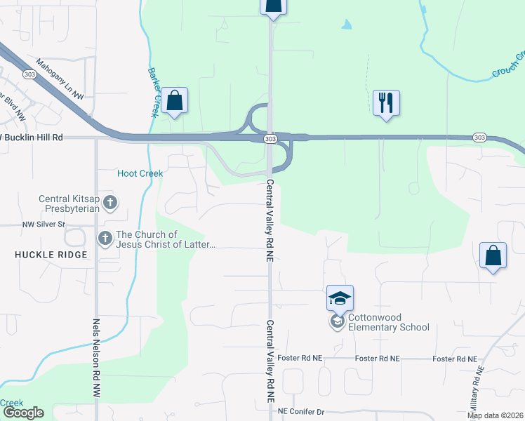 map of restaurants, bars, coffee shops, grocery stores, and more near 9353 Central Valley Road Northeast in Bremerton