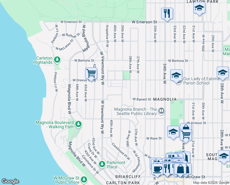 map of restaurants, bars, coffee shops, grocery stores, and more near 3920 West Barrett Street in Seattle