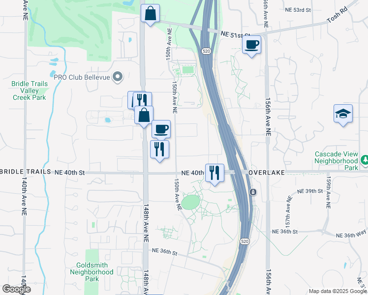 map of restaurants, bars, coffee shops, grocery stores, and more near 1 Microsoft Way in Redmond