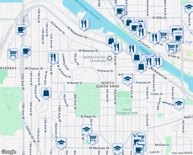 map of restaurants, bars, coffee shops, grocery stores, and more near 5102 West Etruria Street in Seattle