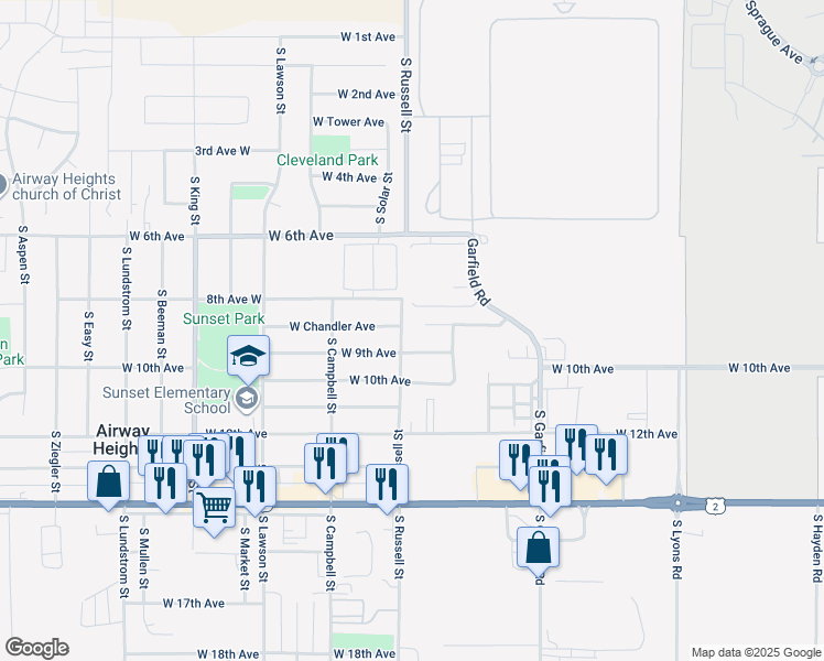 map of restaurants, bars, coffee shops, grocery stores, and more near 821 South Russell Street in Airway Heights