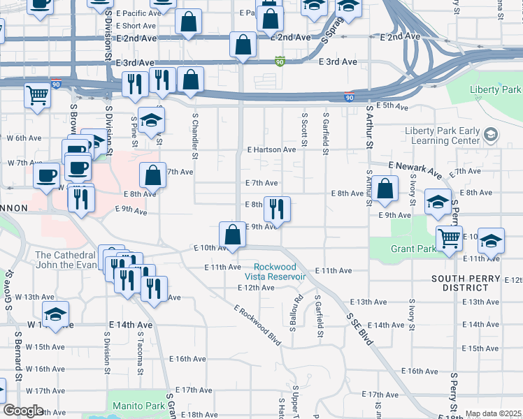 map of restaurants, bars, coffee shops, grocery stores, and more near 604 East 8th Avenue in Spokane