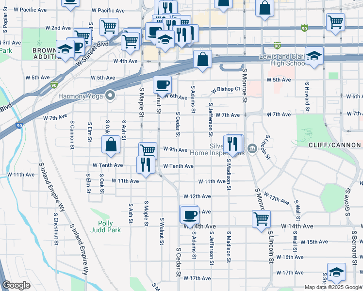 map of restaurants, bars, coffee shops, grocery stores, and more near 1324 West 9th Avenue in Spokane