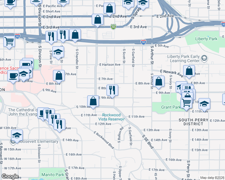 map of restaurants, bars, coffee shops, grocery stores, and more near 804 South Hatch Street in Spokane