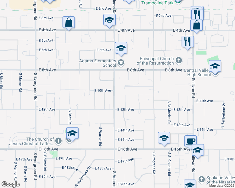 map of restaurants, bars, coffee shops, grocery stores, and more near 1011 South Adams Road in Spokane Valley