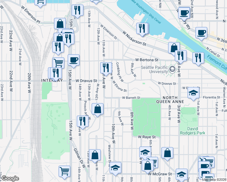 map of restaurants, bars, coffee shops, grocery stores, and more near 3020 10th Avenue West in Seattle