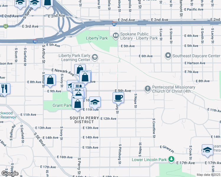 map of restaurants, bars, coffee shops, grocery stores, and more near 1707 East 9th Avenue in Spokane