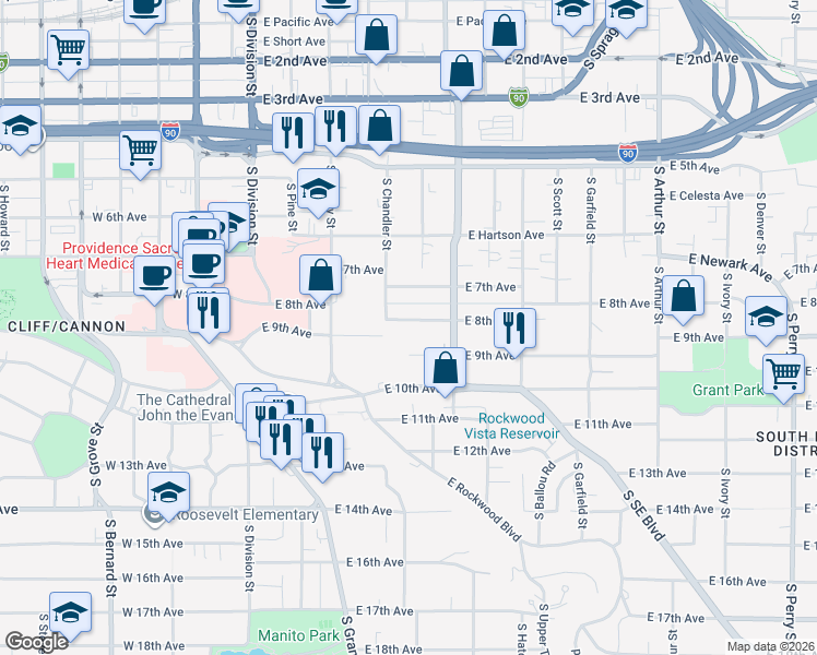 map of restaurants, bars, coffee shops, grocery stores, and more near 374 East 8th Avenue in Spokane