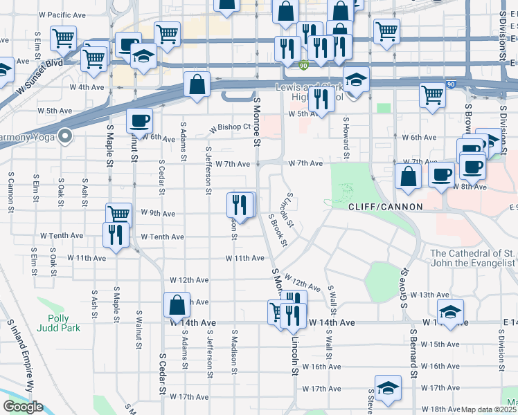 map of restaurants, bars, coffee shops, grocery stores, and more near 830 South Lincoln Place in Spokane