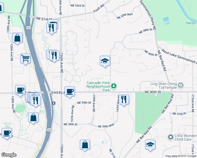 map of restaurants, bars, coffee shops, grocery stores, and more near 15913 Northeast 42nd Street in Redmond