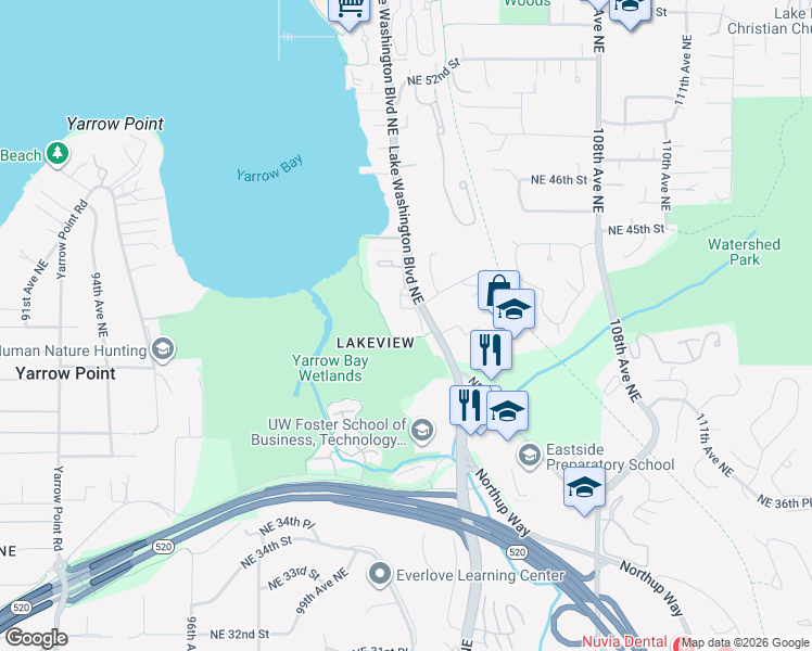 map of restaurants, bars, coffee shops, grocery stores, and more near 4301 Lake Washington Boulevard Northeast in Kirkland
