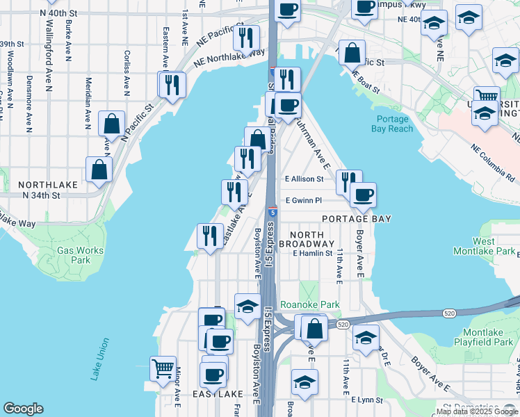 map of restaurants, bars, coffee shops, grocery stores, and more near 2915 Franklin Avenue East in Seattle