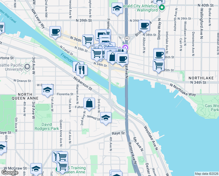 map of restaurants, bars, coffee shops, grocery stores, and more near 3014 3rd Avenue North in Seattle
