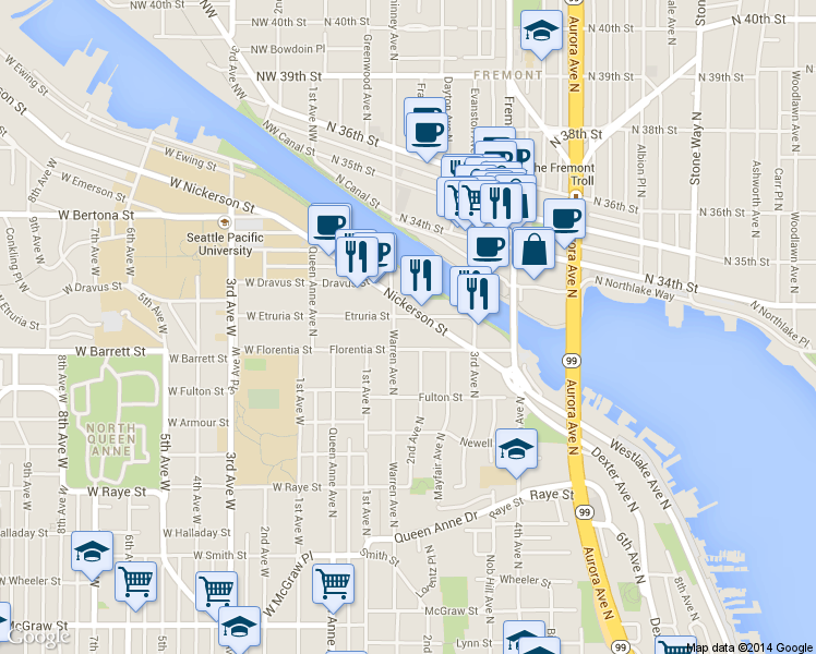 map of restaurants, bars, coffee shops, grocery stores, and more near 201 Nickerson Street in Seattle