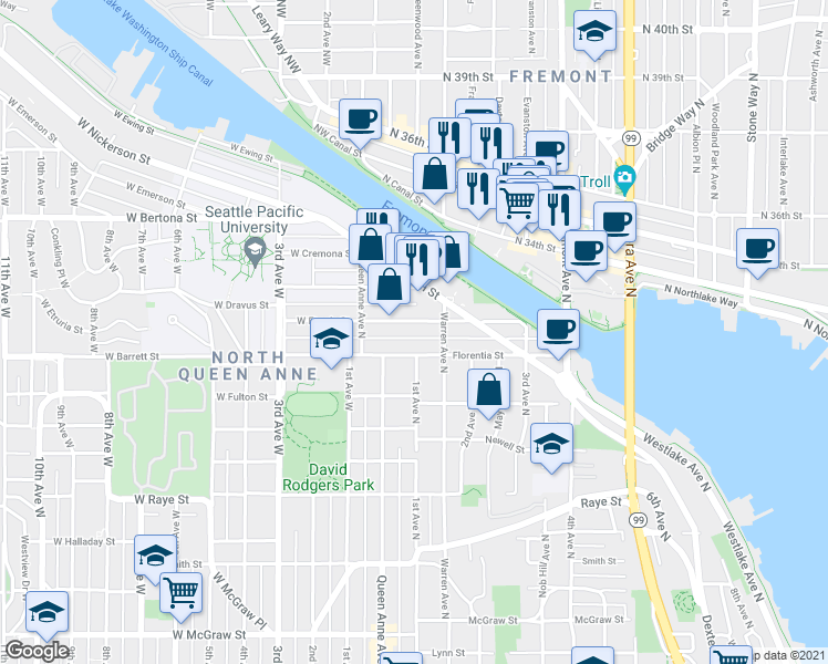 map of restaurants, bars, coffee shops, grocery stores, and more near 63 Etruria Street in Seattle