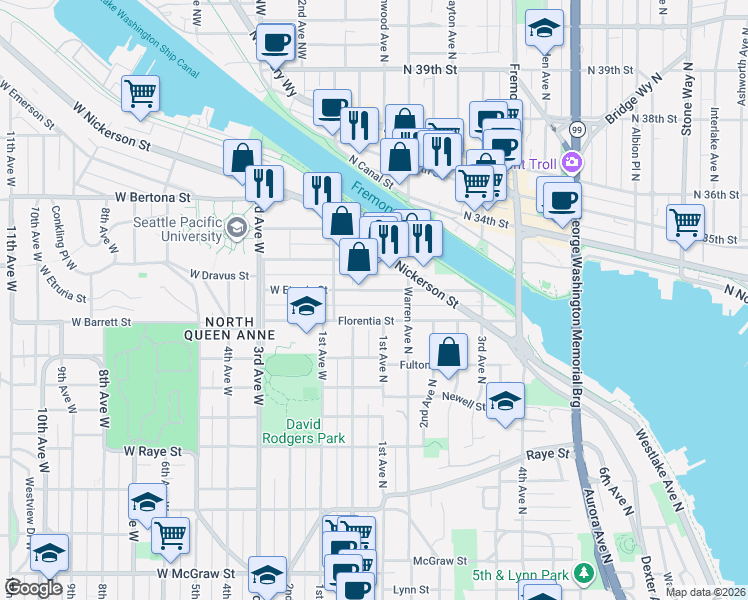 map of restaurants, bars, coffee shops, grocery stores, and more near 31 Etruria Street in Seattle