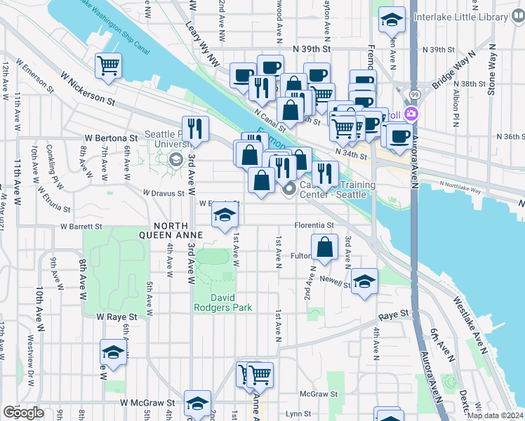 map of restaurants, bars, coffee shops, grocery stores, and more near 29 Etruria Street in Seattle