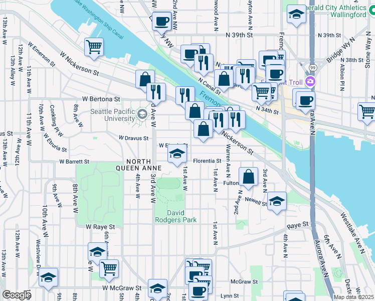map of restaurants, bars, coffee shops, grocery stores, and more near 3015 Queen Anne Avenue North in Seattle