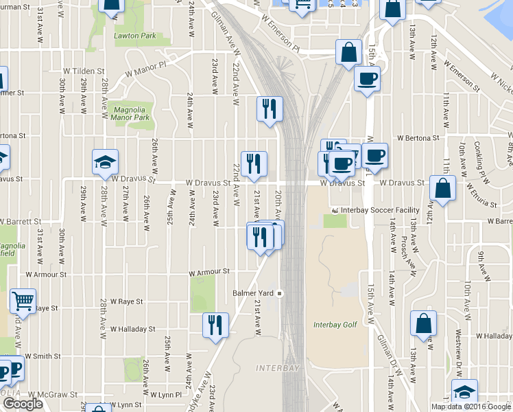 map of restaurants, bars, coffee shops, grocery stores, and more near 3027a 21st Avenue West in Seattle