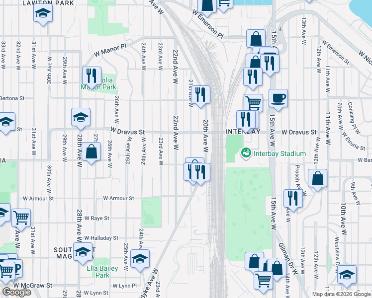 map of restaurants, bars, coffee shops, grocery stores, and more near 3027a 21st Avenue West in Seattle