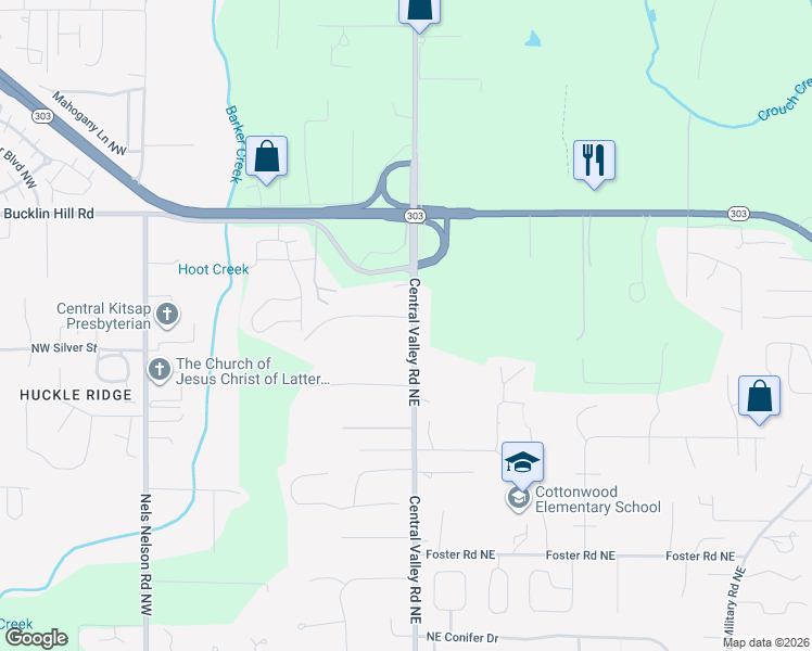 map of restaurants, bars, coffee shops, grocery stores, and more near 9353 Central Valley Road Northeast in Bremerton