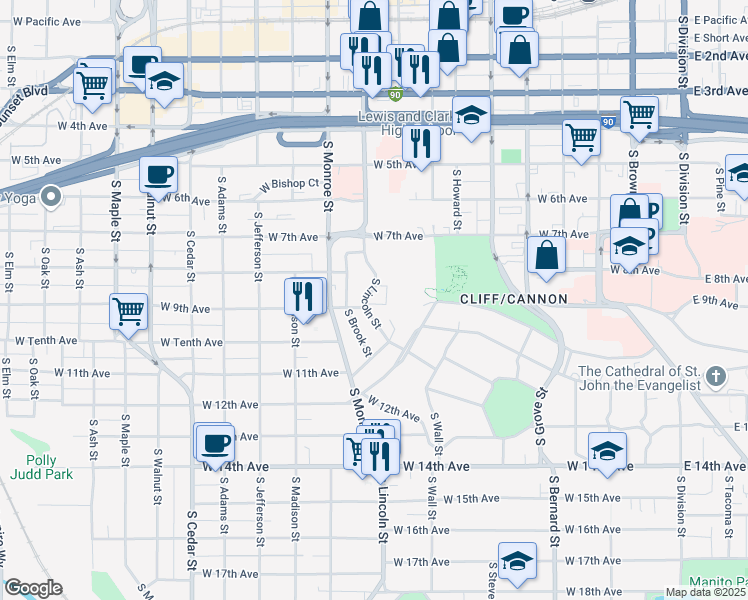 map of restaurants, bars, coffee shops, grocery stores, and more near 831 South Lincoln Street in Spokane