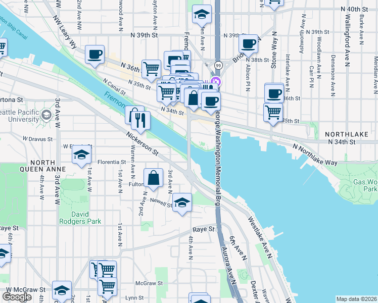 map of restaurants, bars, coffee shops, grocery stores, and more near Fremont Bridge in Seattle