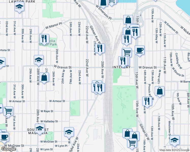 map of restaurants, bars, coffee shops, grocery stores, and more near 3027a 21st Avenue West in Seattle