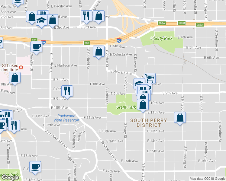 map of restaurants, bars, coffee shops, grocery stores, and more near 1013 East 9th Avenue in Spokane