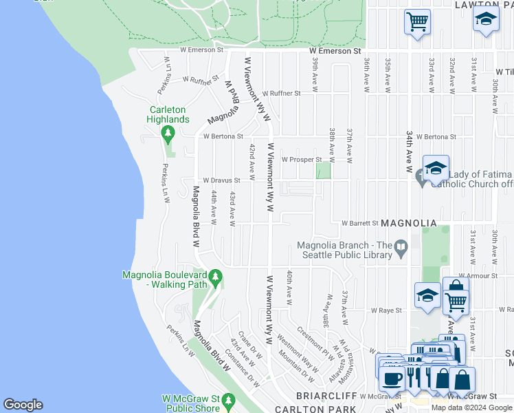 map of restaurants, bars, coffee shops, grocery stores, and more near 3022 42nd Avenue West in Seattle