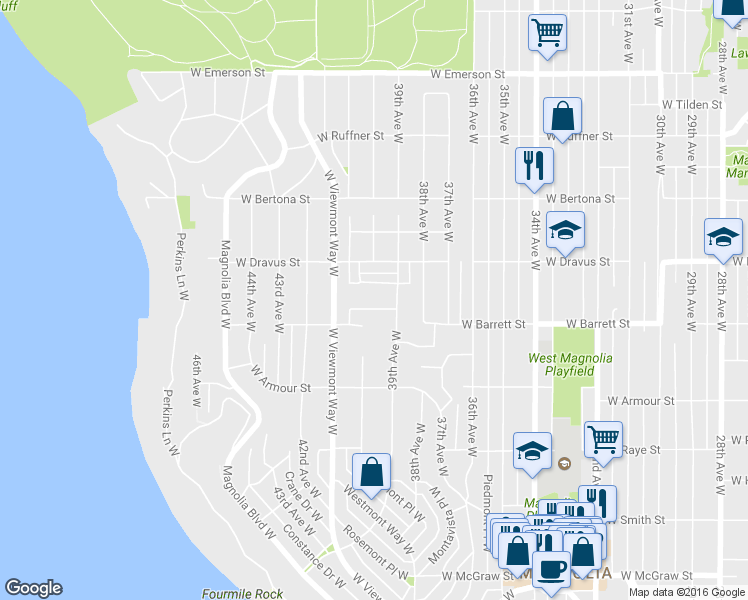 map of restaurants, bars, coffee shops, grocery stores, and more near 3920 West Barrett Street in Seattle