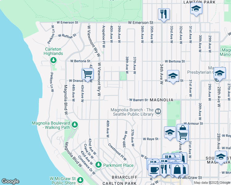 map of restaurants, bars, coffee shops, grocery stores, and more near 3908 West Barrett Street in Seattle