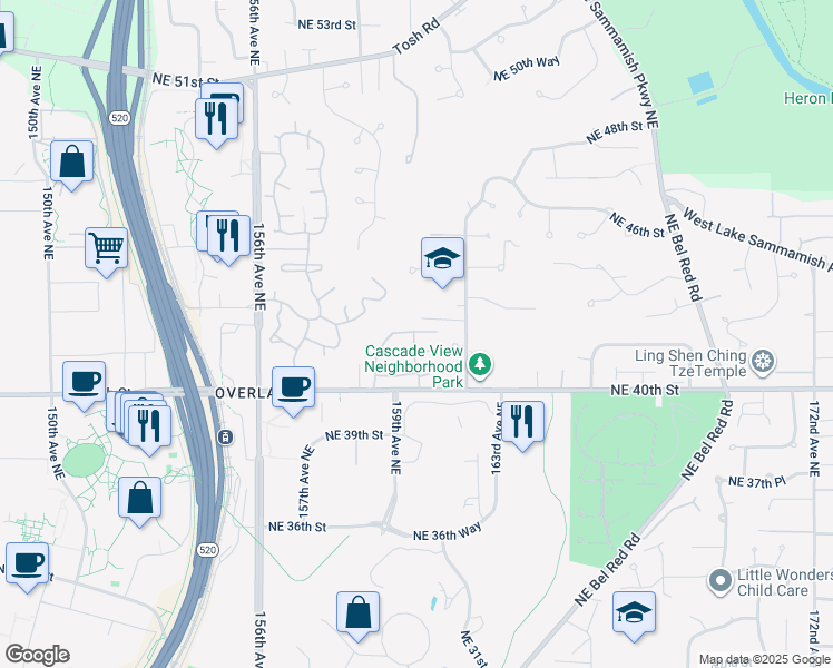 map of restaurants, bars, coffee shops, grocery stores, and more near 15913 Northeast 42nd Street in Redmond