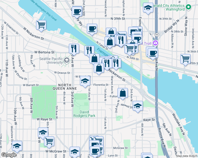 map of restaurants, bars, coffee shops, grocery stores, and more near 29 Etruria Street in Seattle