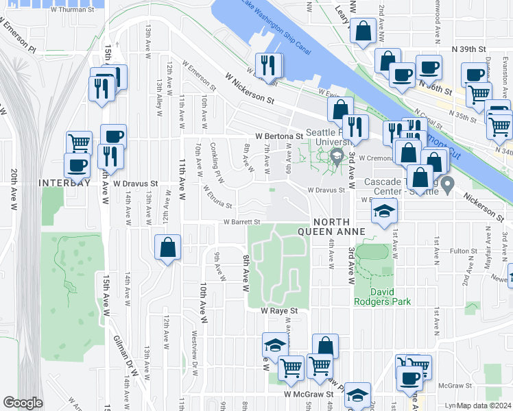 map of restaurants, bars, coffee shops, grocery stores, and more near 715 West Etruria Street in Seattle