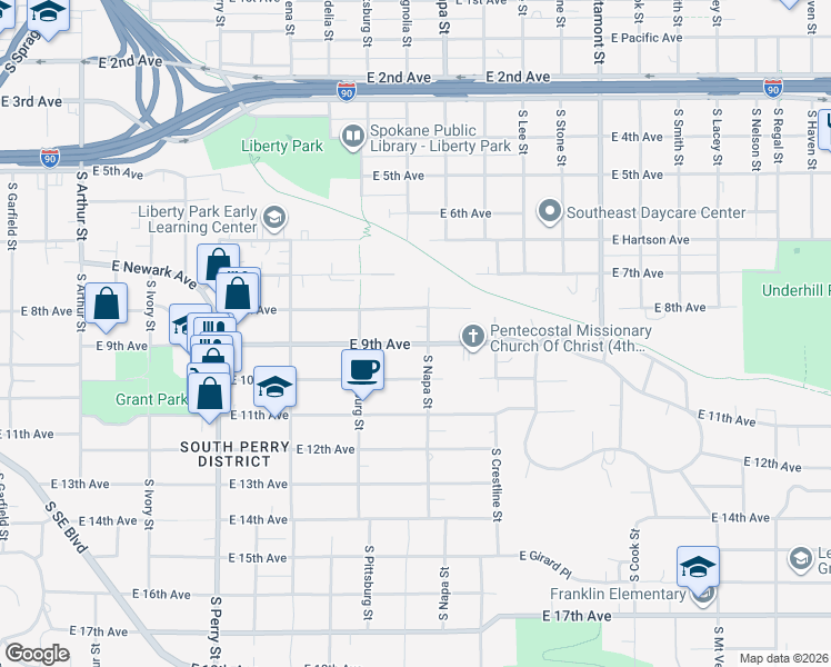 map of restaurants, bars, coffee shops, grocery stores, and more near 1851 East 9th Avenue in Spokane